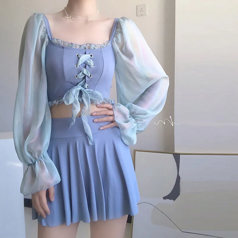 

2023 New Korean 2 Piece Swimsuit Women Short Skirt Net Bikini Thin Band Hollowed Out Bikini Bow High Waisted Bikini Swimwear