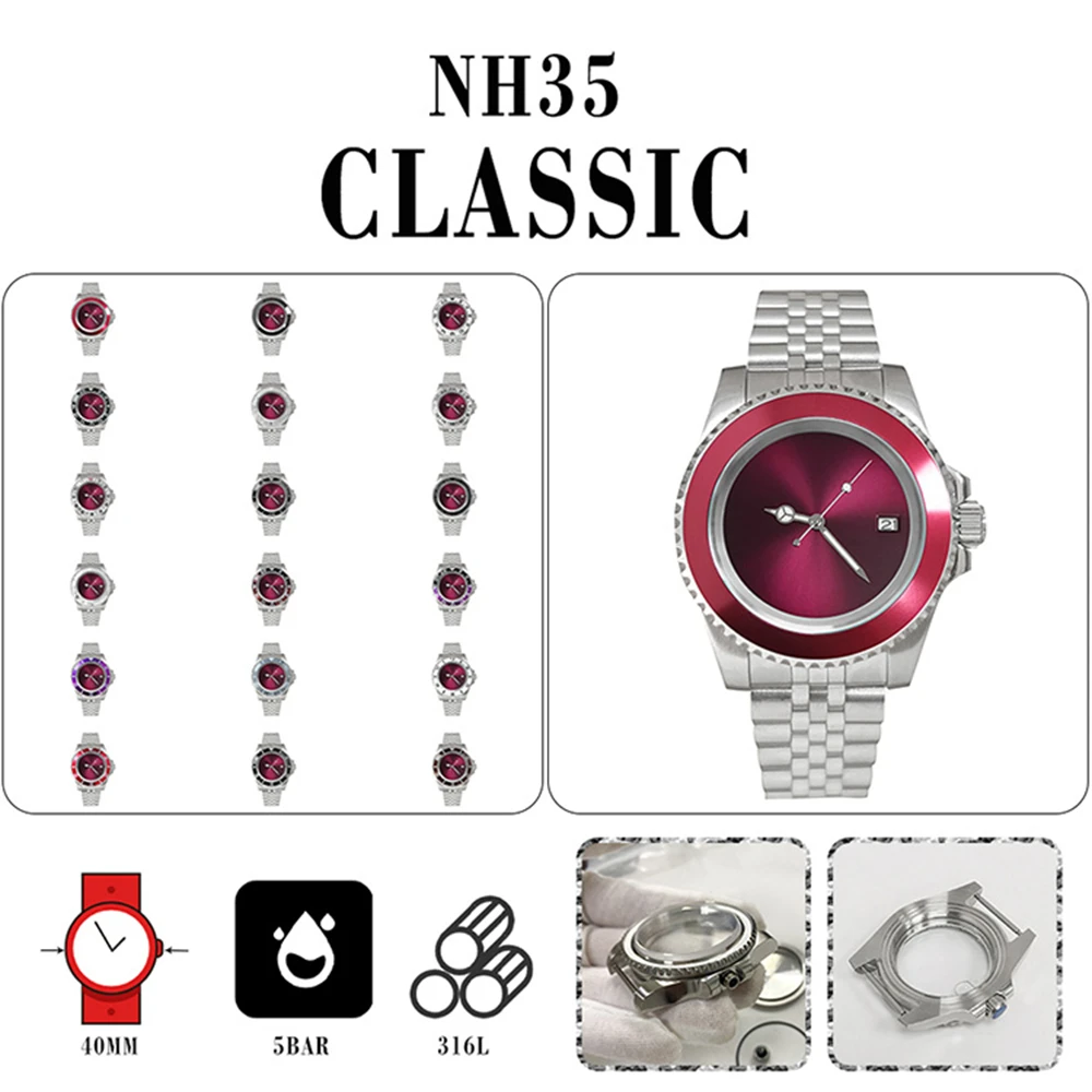 

40MM Watch Case Five Bead Strap Sapphire Glass Purple Dial CaseSingle Calendar With NH35 Movement