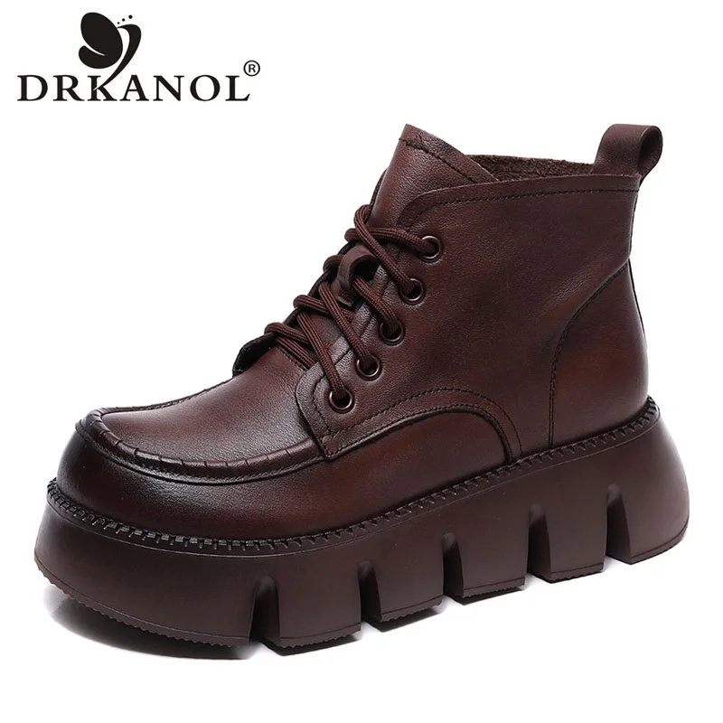 

DRKANOL Brand Fashion Ankle Boots For Women Chunky Platform Casual Shoes 100% Genuine Leather Wedges Retro Handmade Short Boots