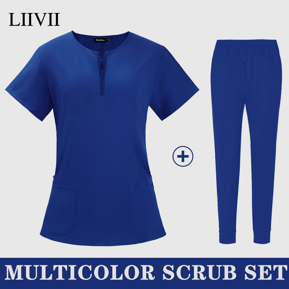 Wholesale Solid Color Scrub Suits Pet Hospital Uniform Set Scrub Suits Surgical Gown Pocket V-neck Scrubs Set for Women Joggers