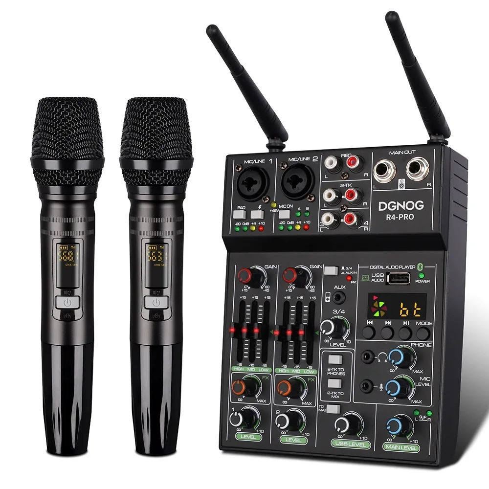 

Top 4 Channel USB Audio Mixer with Wireless Microphone Studio Sound Mixers with Bluetooth REC DJ Console Mixing for Karaoke