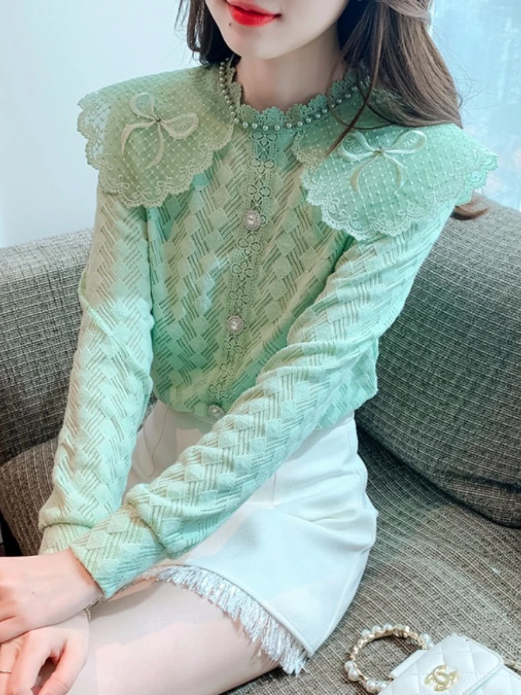 

Европейская мода, зеленая кружевная рубашка с длинным рукавом, женская одежда, осенняя нижняя рубашка 2023, новый дизайн, нишевые блузки и топы