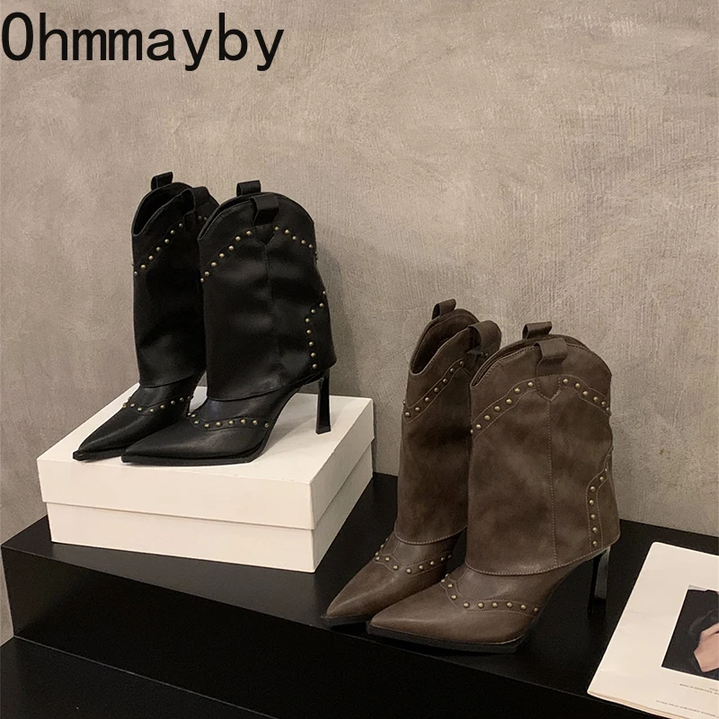 Винтажные женские сапоги в стиле пастушки с заклепками модная обувь без шнуровки