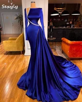 royal blue mermaid satin prom dress with beaded long sleeve black girls evening dresses sexy high slit formal dress party gowns