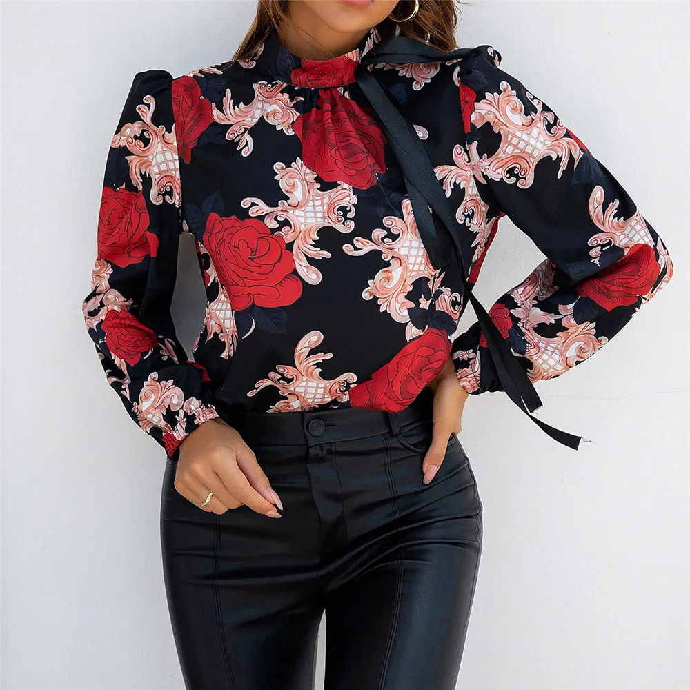

Fashion Women Blouse Printed Stand Collar Long Sleeve Lace-Up Top Western Style Commuter OL 2022 New Ladies Top Spring Summer