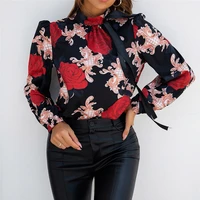 fashion women blouse printed stand collar long sleeve lace up top western style commuter ol 2022 new ladies top spring summer