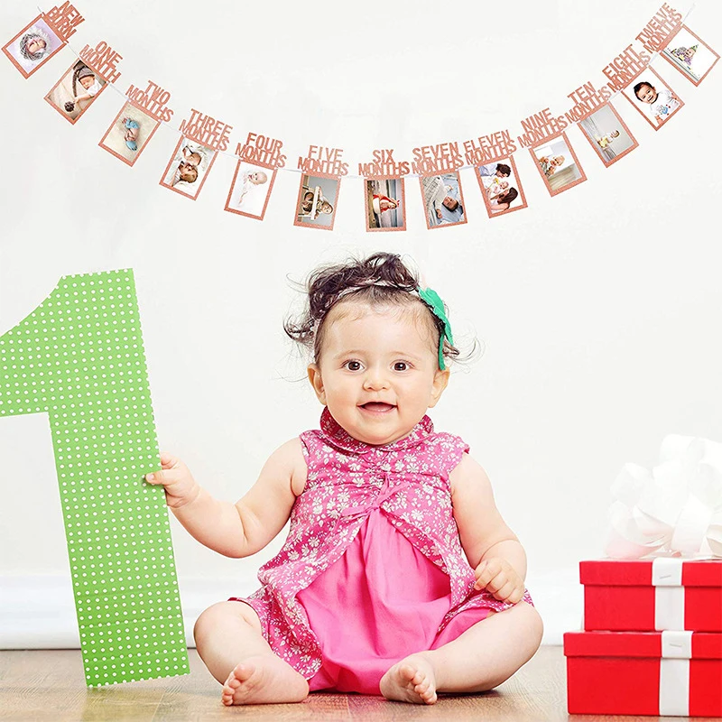 

Lovely Newborn 12 Months Photo Frame Garland Banner Baby Boy Girl 1st Birthday Party Decoration Family Home Backdrop Supplies