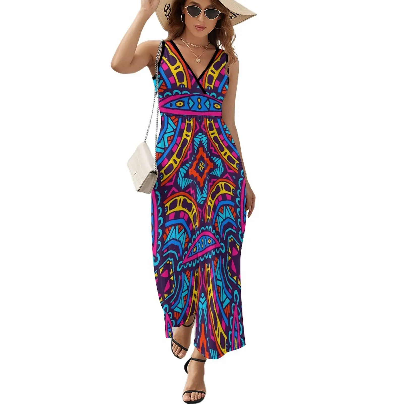 

Платье-Макси женское с принтом, длинное пляжное платье в стиле бохо, с завышенной талией, уличная одежда в ацтекском стиле, лето
