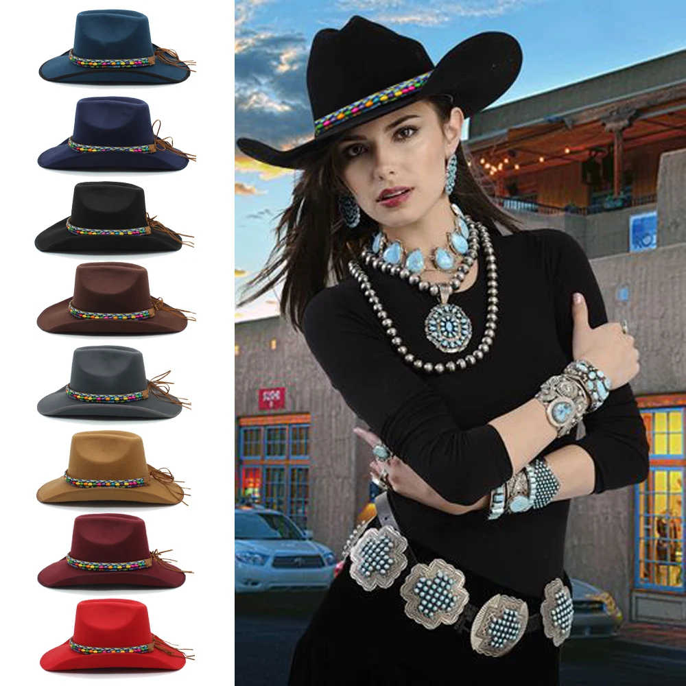 

Men Women Woolen Western Cowboy Hats Wide Brim Sunhats Party Travel Sombrero Outdoor Caps Classical Retro US Size 7 1/4 UK L