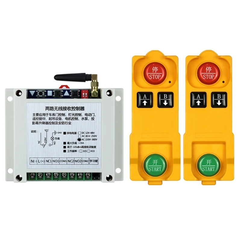 

433MHz/315MHz High Power AC220V-380V RF Remote Control Switch 2CH Receiver Industrial Transmitter for Pump LED Light