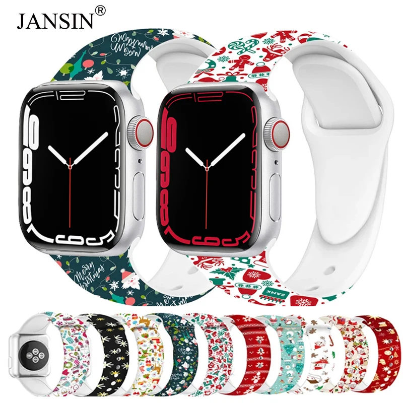 

Ремешок силиконовый для Apple watch band series 7 41 мм 45 мм, спортивный браслет для iWatch 6 5 SE 44 мм 40 мм 42 мм 38 мм, Рождественский