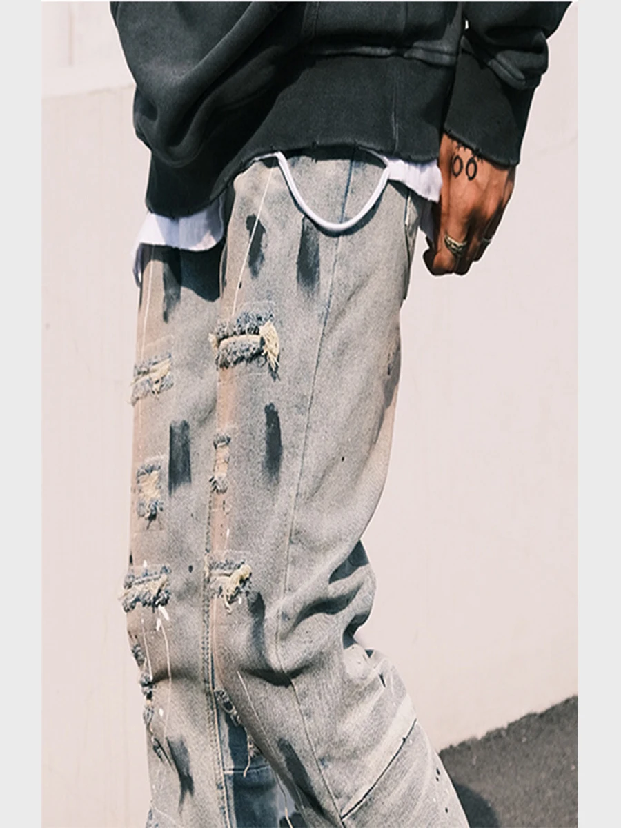 Four Seasons High Street Splashing Ink Hole Jeans Graffiti Style Men's Straight Trousers Y2k Men's Jeans Streetwear Ins Hot Sale