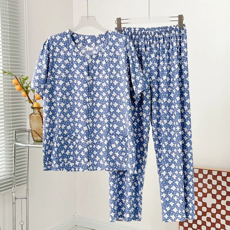

Middle-Aged Elderly Mother Pajamas Summer Cotton Short-Sleeved Trousers Suit Grandma's Two-Piece Set Women Pijama 3XL 4XL 5XL
