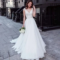 elegant a line v neck wedding dress boho sleeveless lace appliques bridal gown off the shoulder backless train vestido de noiva