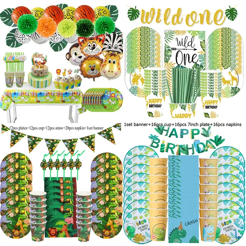 

NEW IN Jungle Safari Birthday Party Decoration Disposable Tableware Set Jungle Animal Dinosaur Party 1st Birthday Boy Baby Showe