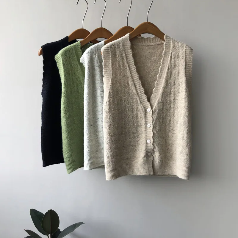 

Women Lace Knitted Vest 2022 Autumn New V-neck Sleeveless Single Breasted Loose Sweater Cardigans Solid Color Lady Tops