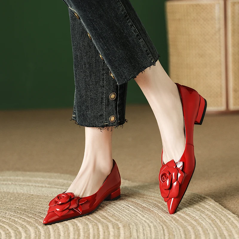 Women Flats Pointed Toe Dress Shoes for Work 3D Floral Slip on Genuine Leather 2.3cm Heeled Comfort Shoes