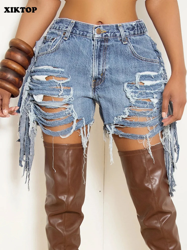 

Женские джинсовые брюки XIKTOP, летние сексуальные потертые прямые брюки, модные базовые брюки с кисточками, Повседневная Уличная одежда