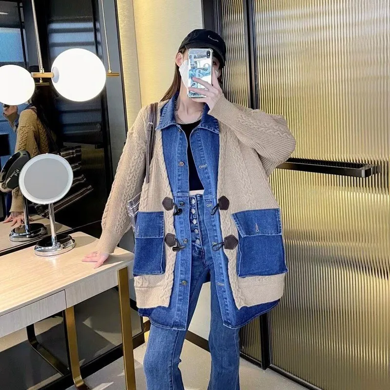 

2022 Autumn Winter New Women's Cardigan Sweater Long Sleeve Denim Embroidered Knitted Jacket Fashion Women Oversized Cardigan