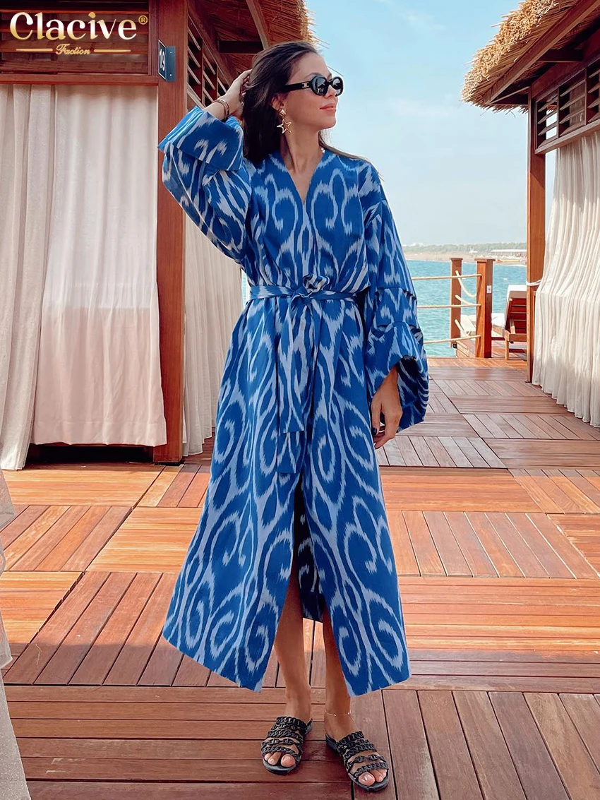 

Clacive Casual Loose Print Women'S Dresses 2023 Fashion V-Neck Long Sleeve Ankle-Length Dress Elegant Lace-Up Female Dress Robes