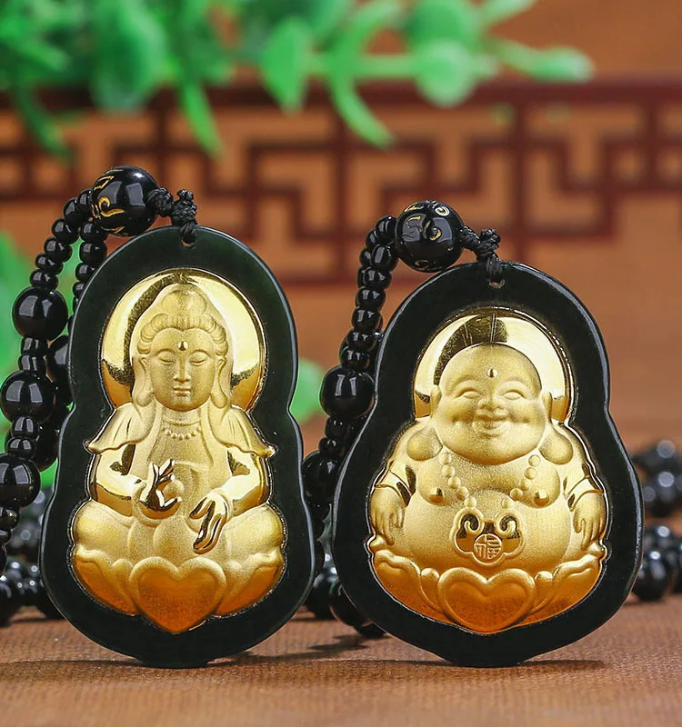 

Hotan Moyu Gold-inlaid 4D Gold-inlaid Jade Hetian Jade Guanyin Laughing Buddha Pendant for men and women couples