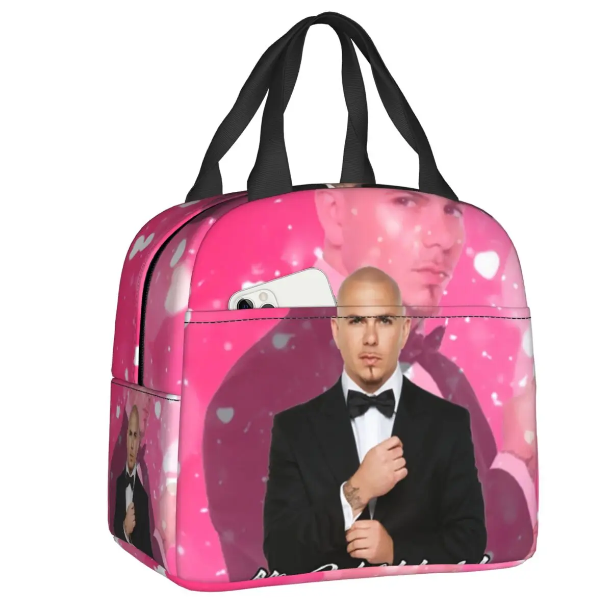 

Изолированные розовые мешки для ланча Mr Worldwide говорит, что смеюсь, любовь, для пикника на открытом воздухе, Питбуль, многоразовый охладитель, термокоробка для ланча