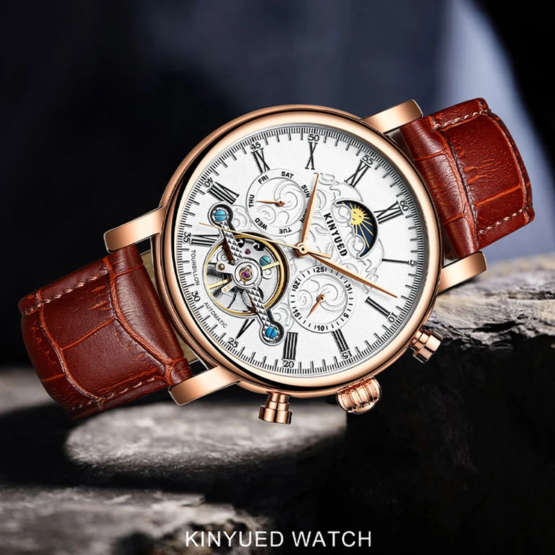 

KINYUED Men Tourbillon Watches Automatic Wristwatch Mechanical Business Watch Moon Phase Casual Leather Straps Waterproof Clock