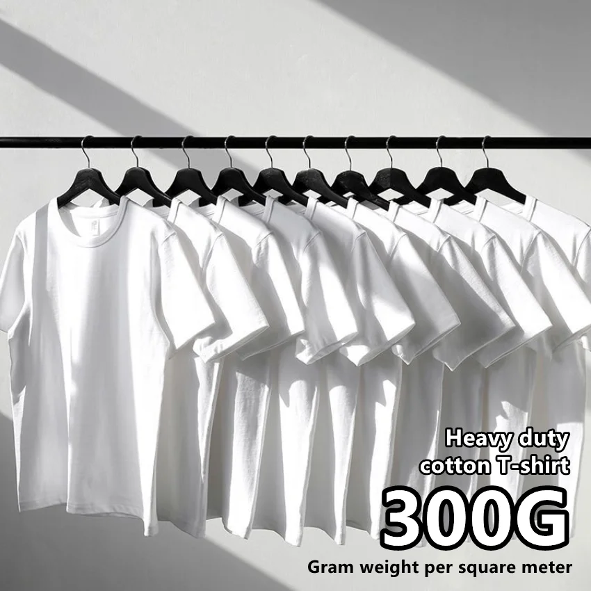 

Heavyweight Impermeable 300g Carbon Matte Pure Cotton Thick Short Sleeved T-shirt Men and Women Pure White Simple Base Shirt