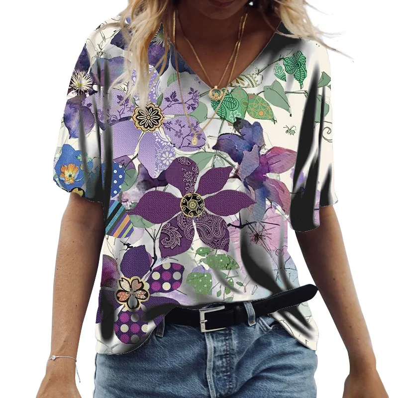 

2022 New Abstract Printed TShirt Tops Big Size Short Sleeve Loose All-match Tops Summer V-Neck Women TShirt Floral Printed Top