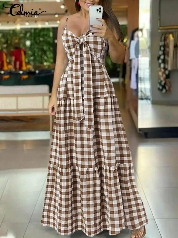 

Women Sexy Spaghetti Straps Maxi Dress Celmia Holiday Plaid Bandage Knotted Robe Longue Bohemian Sleeveless Pleated Sundress