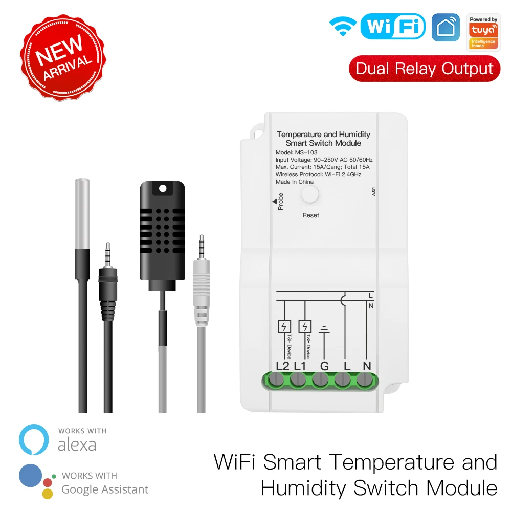 

Tuya WiFi Smart Temperature Humidity Switch Module Sensor Dual Relay Output Wireless Controller 15A Work With Alexa Google Home