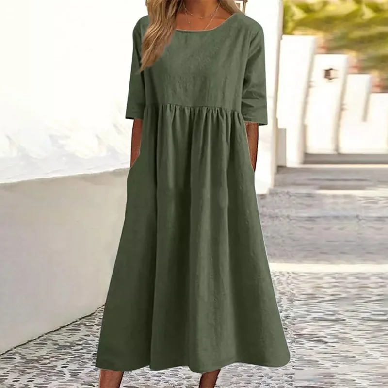 

Однотонные повседневные свободные летние длинные платья для женщин 2023 винтажные модные элегантные красивые женские трапециевидные платья с круглым вырезом