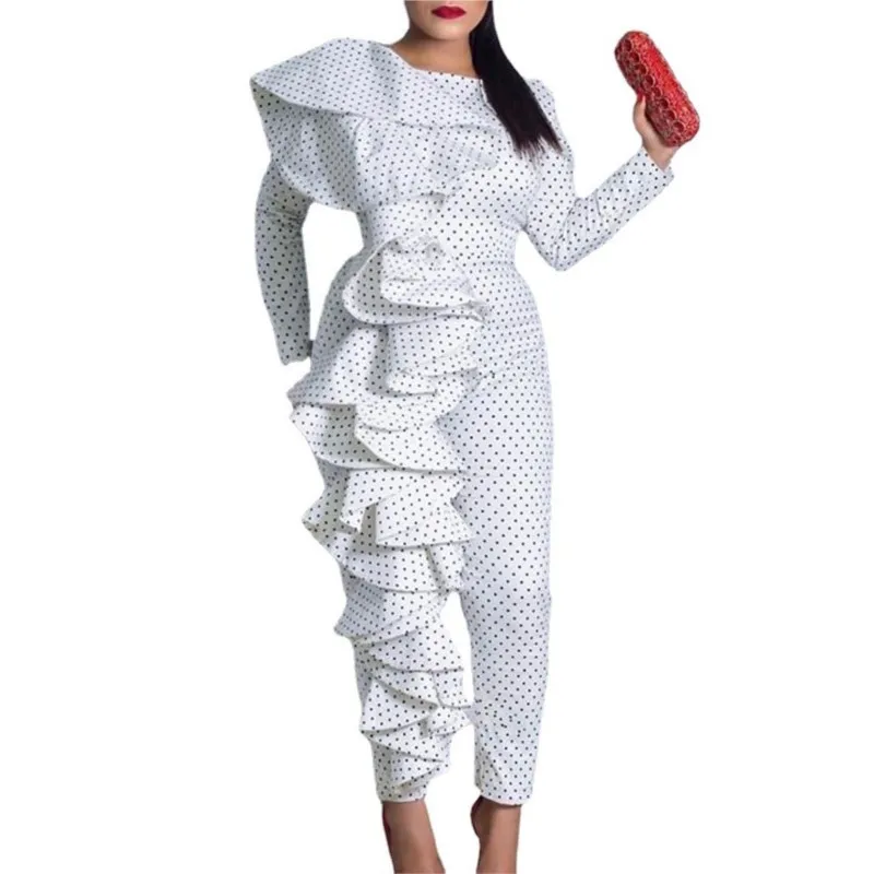 African Ladies Suit Polka Dot White Long Sleeved Pullover Jumpsuit Fashion Sexy Ruffled Slim Fit Casual Trousers Autumn New 3XL