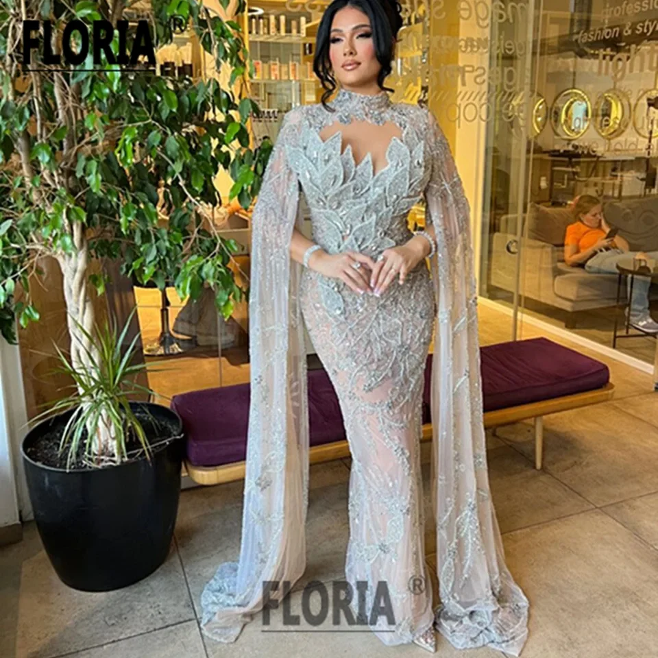 

Luxury Dubai Mermaid Wedding Evening Dresses with Cape Beads Crystal Party Gowns Saudi Arab Celebrity Dress 2023 Robe De Soiree