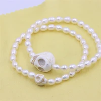 simple trendy lovely synthetic turquoise skull heads white rice waterfresh pearl elastic rope brecelets jewelry for women gifts