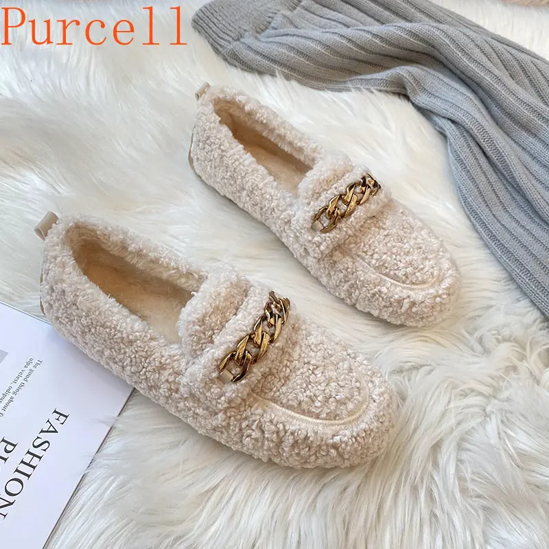 women's winter plush shoes Fashion chain round head design Outdoor leisure warm snow boots plus size loafers 41-43