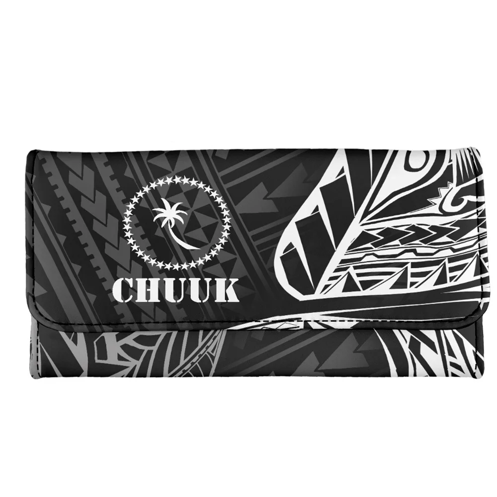 

Print On Demand Long Length Coin Lady Purse Polynesian Tribal Wallet CHUUK Black Pattern Custom Women Wallet Lady Clutch Leather