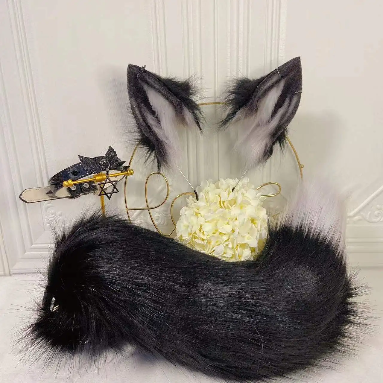 Cola de lobo negro para COSPLAY, orejas de gato, orejas de zorro, aro de pelo, personalizado, anime