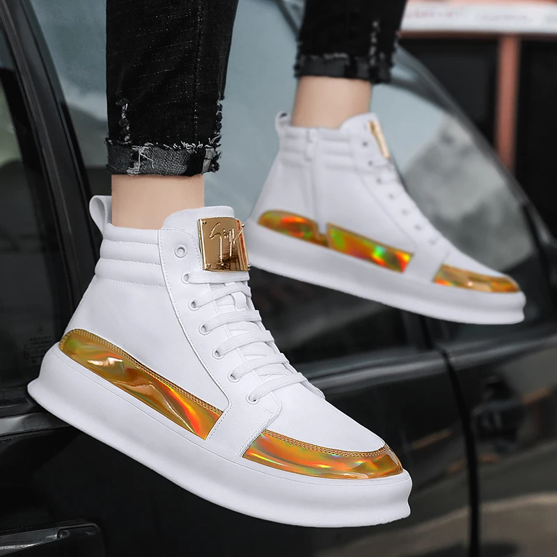 

Mens Leather Sneakers Casual Club Bar Glitter Streetwear Shoes Hip hop High top Lace Up Men Fashion Sneakers zapatos de hombre
