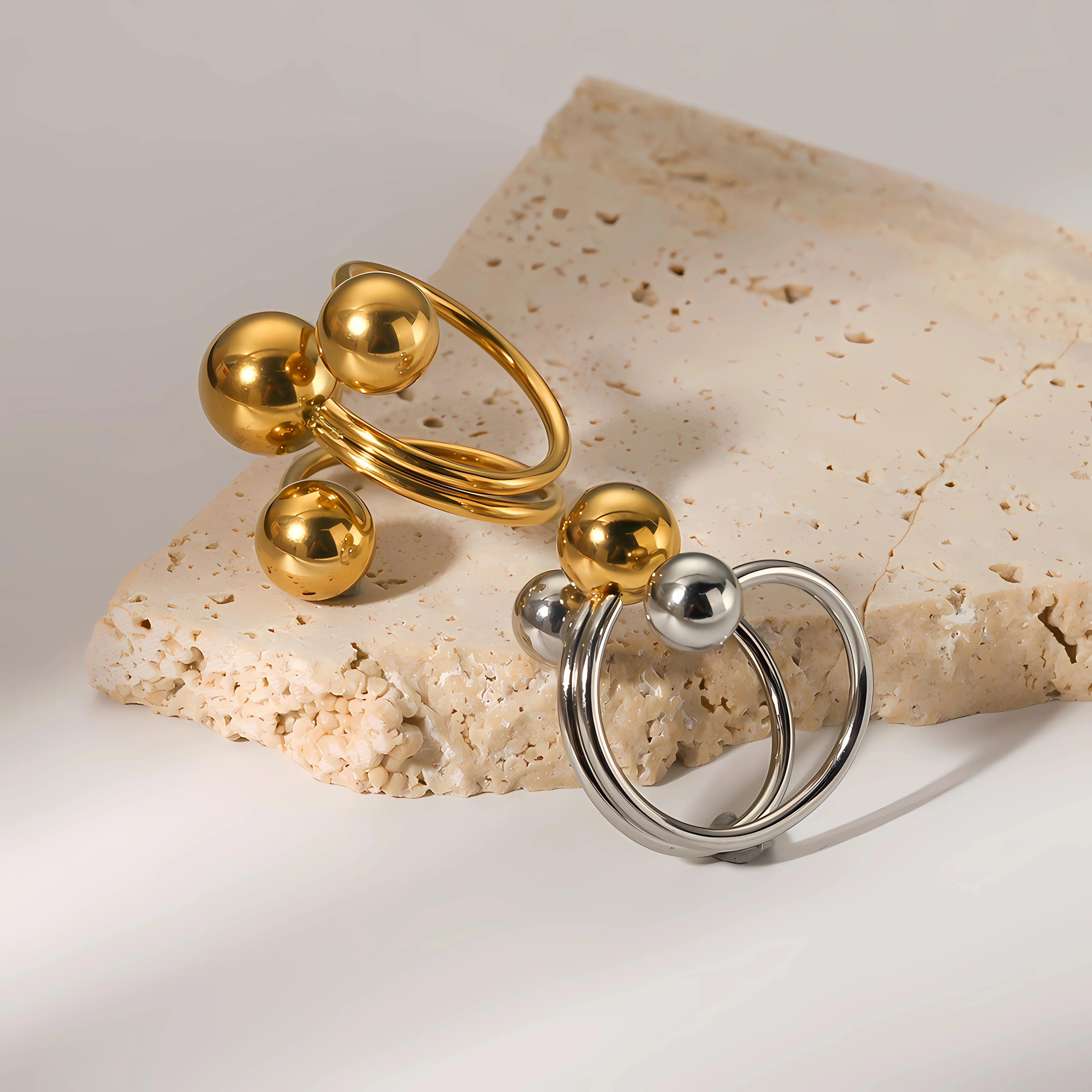 

18k gold plated balls ring simple ball U- ring Open cuff Sphere Ring Dot Metal Bubbles Ring stackable Punky ring for Man Women