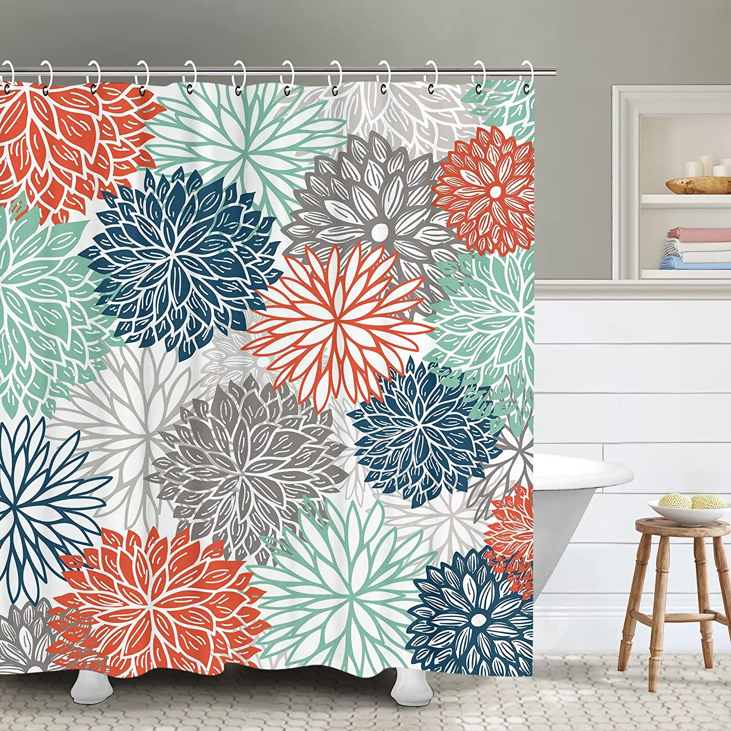 

Floral Shower Curtain Dahlia Set with 12 Hooks Flower Teal Gray Blue Green Curtains Turquoise Mandala Floral Bathroom Decor