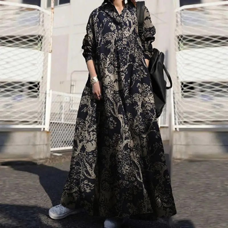 

Женское повседневное винтажное платье с длинным рукавом, свободное платье-качели из хлопка и льна с принтом и карманами, 130 кг, 9XL, 8XL, 7XL, 6XL