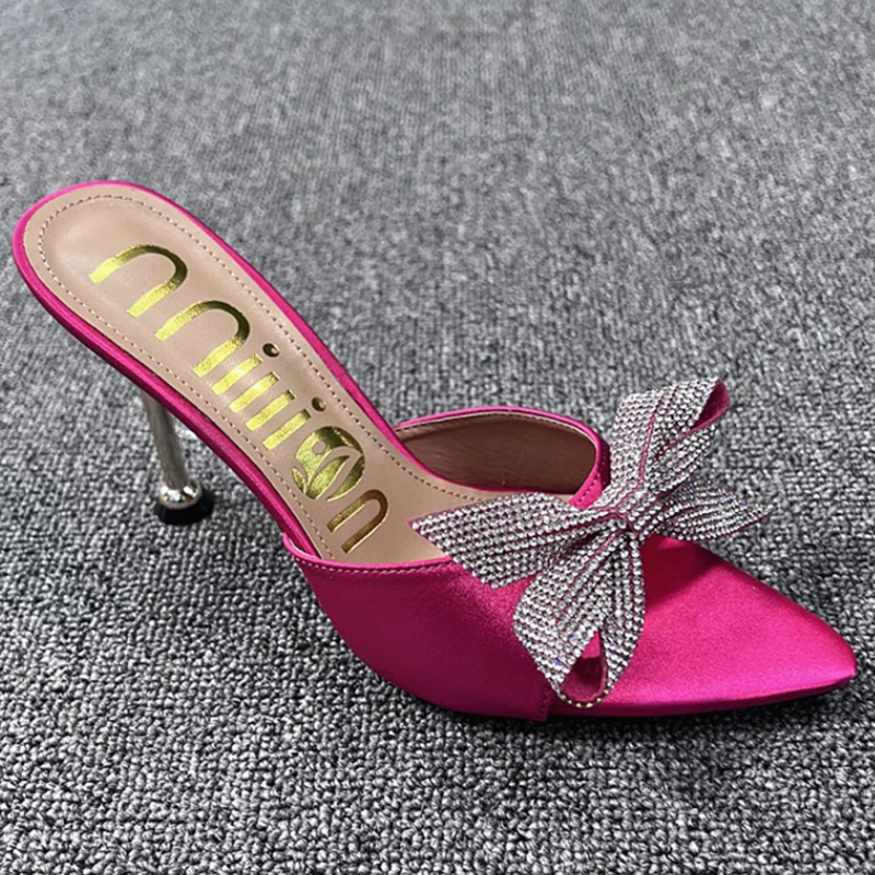 

Женские шлепанцы на каблуке, летние, 2022, с острым носком, на 2022 каблуке, с бантом