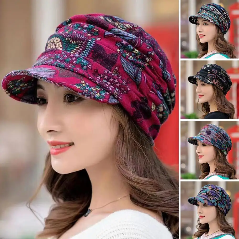 

Women Cap Short Brim Warm Foldable Earflap Ethnic Style Floral Print Autumn Winter Hat