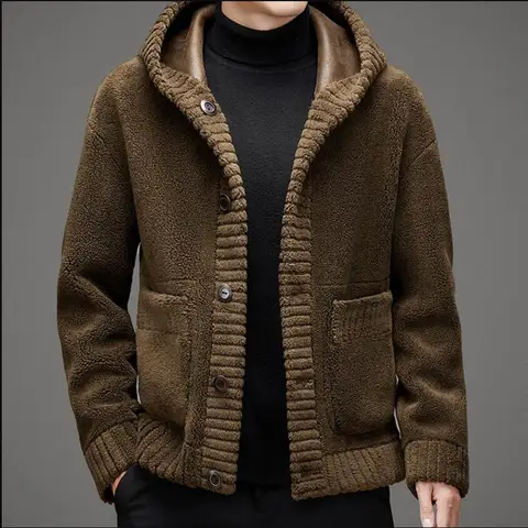 Зимнее Новое мужское пальто, кожаная меховая Слитная Двусторонняя одежда, кашемировая куртка с капюшоном, короткая модная одежда