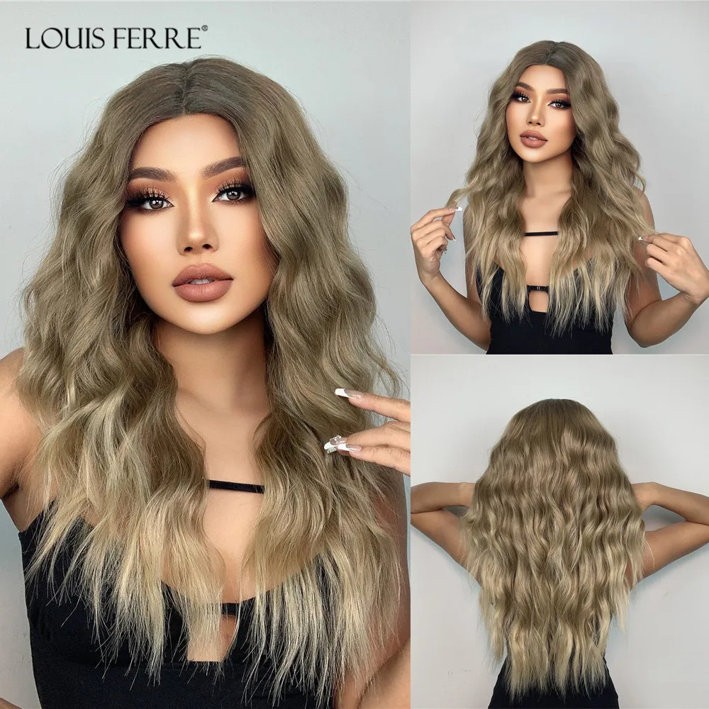 

LOUIS FERRE Long Brown Lace Front Synthetic Wigs for Women Natural Brown Blonde Wavy Middle Parting Wig Daily High Density Hair