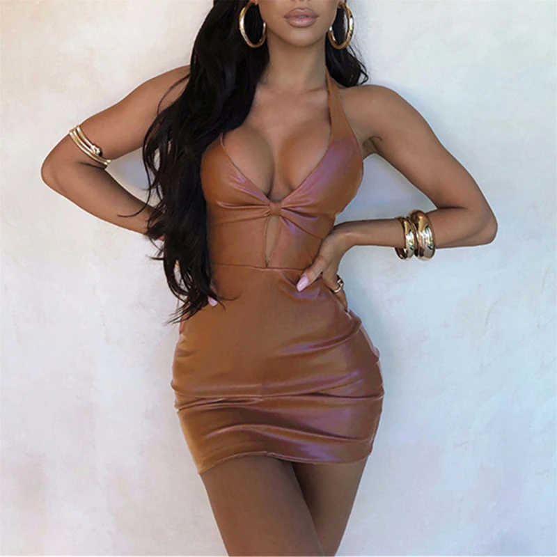 

2022 Women's PU Dress Fashion Nightclub Halter Neck Hollow Halter Low-cut Slim PU Dress Ladies Bandage Party Dresses For Women