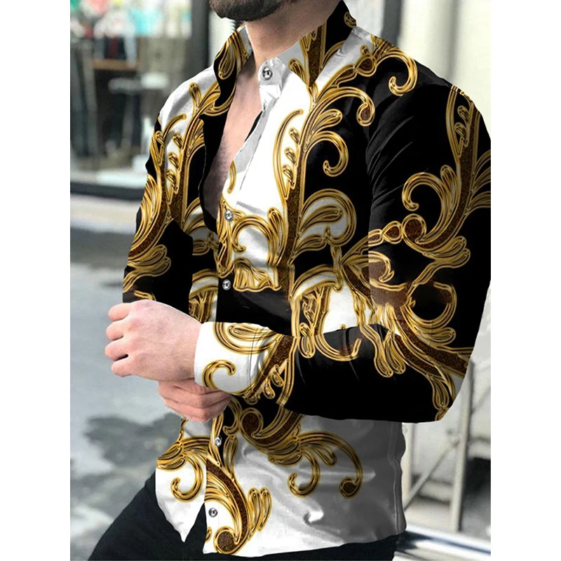 

Fashion Luxury Social Men Shirts Turn-down Collar Buttoned Shirt Long Sleeve Tops Mens Clothes Prom Cardigan Print Casual Style