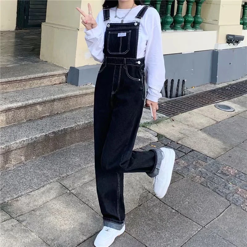 Женские джинсовые комбинезоны черные прямые с широкими штанинами уличная одежда