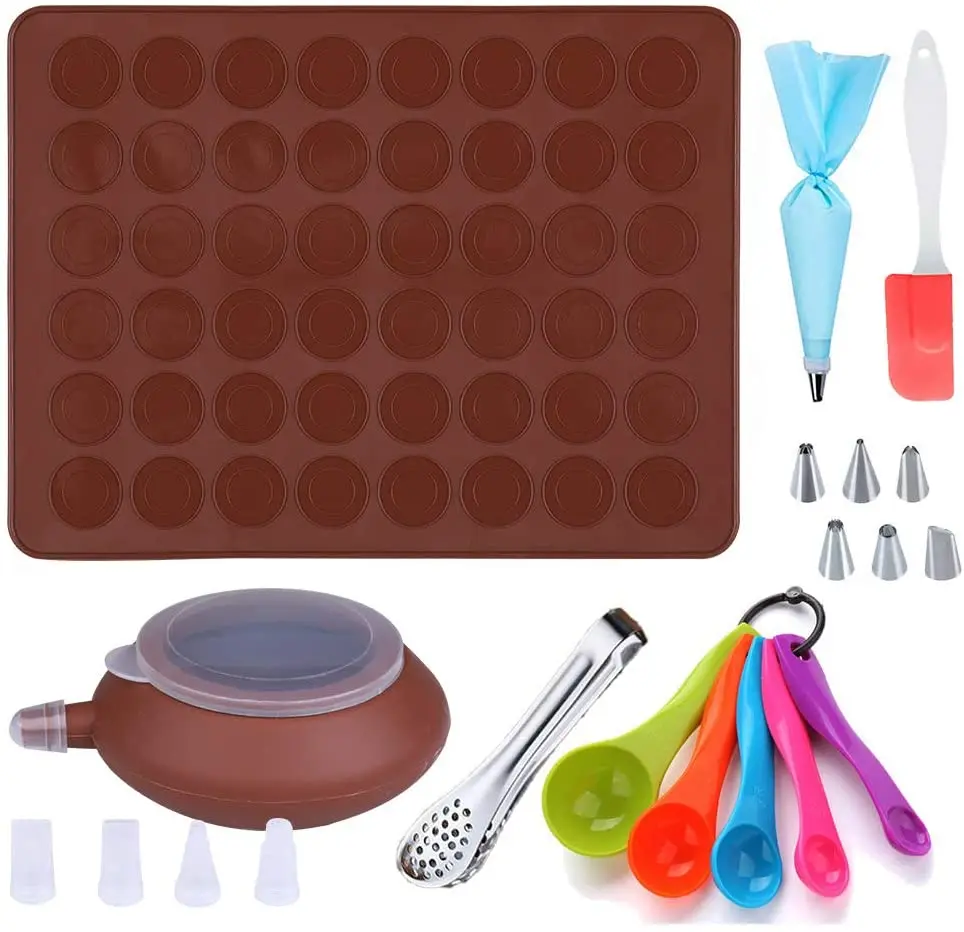 

macaro baking mold no-stick silicone pastry baking mat set 48 capacity with food tongs measuring spoo silicone spatula cake deco